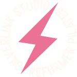 A Silverlink Studio Reformer Pilates branded sticker with a fluro pink lightning bolt through the middle. 