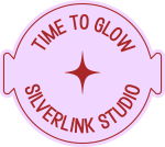 A lavender coloured sticker in the shape of a Pilates ring - on it says "Silverlink Studio - Time to Glow"